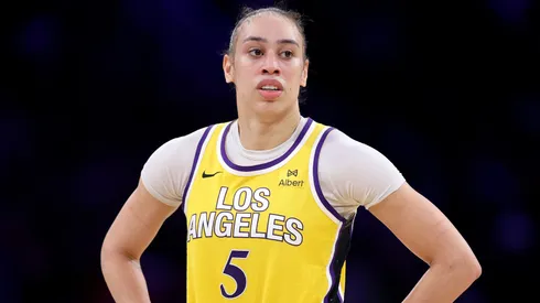 Dearica Hamby #5 of the Los Angeles Sparks looks on during the first half of a game against the Indiana Fever at Crypto.com Arena on August 05, 2025.