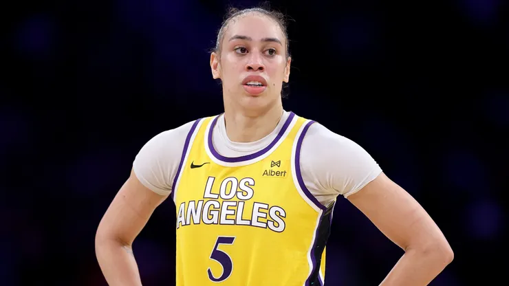 Dearica Hamby #5 of the Los Angeles Sparks looks on during the first half of a game against the Indiana Fever at Crypto.com Arena on August 05, 2025.