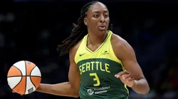 Nneka Ogwumike #3 of the Seattle Storm dribbles against the Minnesota Lynx during the first half at Climate Pledge Arena on August 05, 2025.