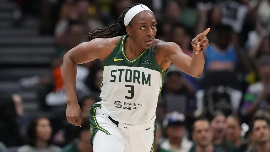 Nneka Ogwumike #3 of the Seattle Storm gestures after making a three-point basket during the first half against the Los Angeles Sparks at Climate Pledge Arena on August 01, 2025. (Source: Soobum Im/Getty Images)