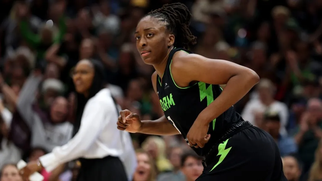 Nneka Ogwumike #3 of the Seattle Storm looks on against the Dallas Wings at Climate Pledge Arena on July 22, 2025. (Source: Steph Chambers/Getty Images)