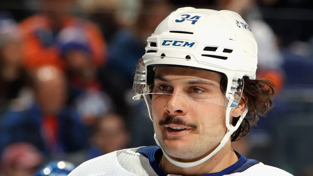 Auston Matthews #34 of the Toronto Maple Leafs skates against the New York Islanders at the UBS Arena on November 21, 2021 in Elmont, New York.