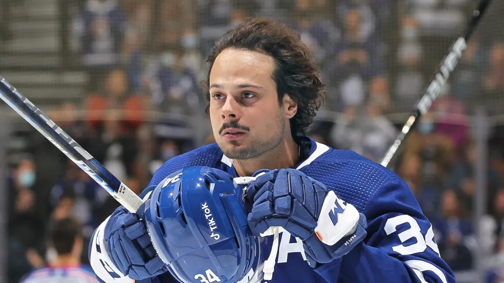 Auston Matthews #34 of the Toronto Maple Leafs gets set to play against the New York Rangers in an NHL game at Scotiabank Arena on October 18, 2021 in Toronto, Ontario, Canada.