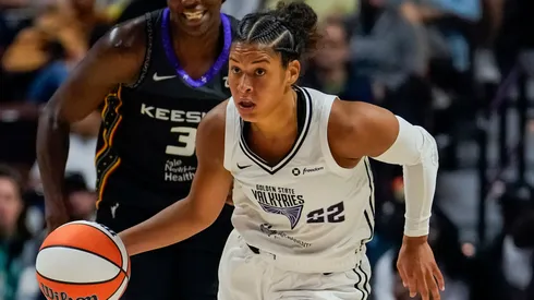 Veronica Burton #22 of the Golden State Valkyries is pursued by Tina Charles #31 of the Connecticut Sun during the second half of a WNBA basketball game at Mohegan Sun Arena on July 27, 2025.