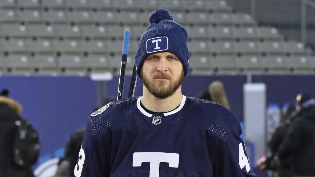 Kyle Clifford #43 of the Toronto Maple Leafs heads to practice prior to playing against the Buffalo Sabres during the 2022 Tim Hortons NHL Heritage Classic at Tim Hortons Field on March 12, 2022 in Hamilton, Ontario, Canada.