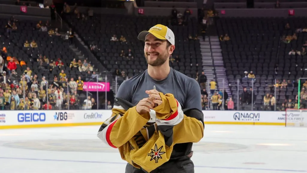 Nicolas Roy #10 of the Vegas Golden Knights following their 4-1 loss to the Anaheim Ducks at T-Mobile Arena on April 18, 2024 in Las Vegas, Nevada.
