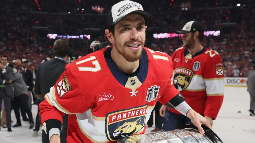 Evan Rodrigues #17 of the Florida Panthers skates with the Stanley Cup following their win over the Edmonton Oilers following Game Six of the 2025 NHL Stanley Cup Final at Amerant Bank Arena on June 17, 2025 in Sunrise, Florida. (Photo by Bruce Bennett/Getty Images)