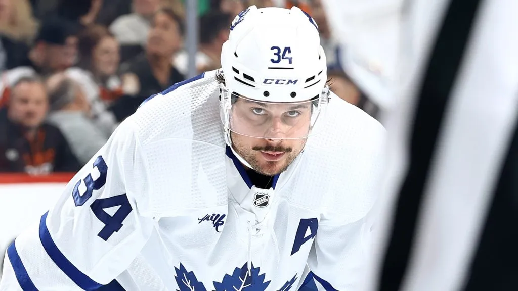 Auston Matthews #34 of the Toronto Maple Leafs looks on during the third period against the Philadelphia Flyers at the Wells Fargo Center on March 14, 2024. (Source: Tim Nwachukwu/Getty Images)