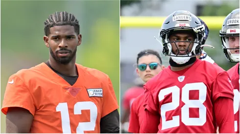 Shedeur Sanders #12 of the Cleveland Browns and Shilo Sanders #21 of the Tampa Bay Buccaneers.