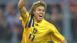 Tomas Brolin of Sweden celebrates after scoring against Germany in the 1992 European Championship.