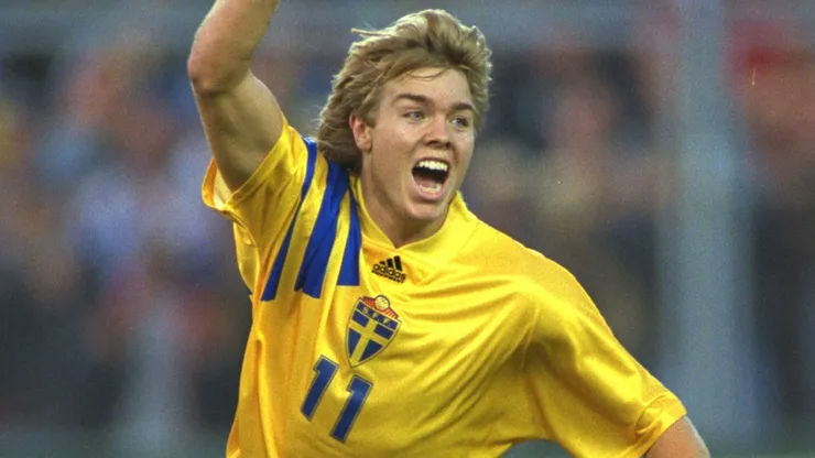 Tomas Brolin of Sweden celebrates after scoring against Germany in the 1992 European Championship.