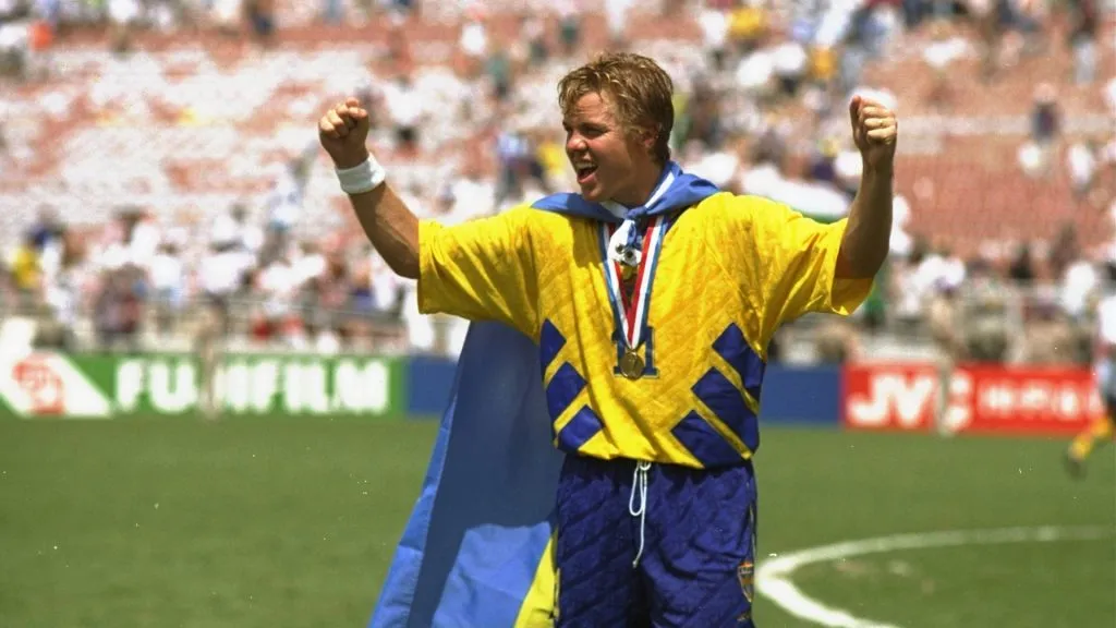 Tomas Brolin of Sweden celebrates after the World Cup third place play-off against Bulgaria at the Pasadena Rose Bowl in Los Angeles in 1994. (Ben Radford/Allsport/Getty Images)