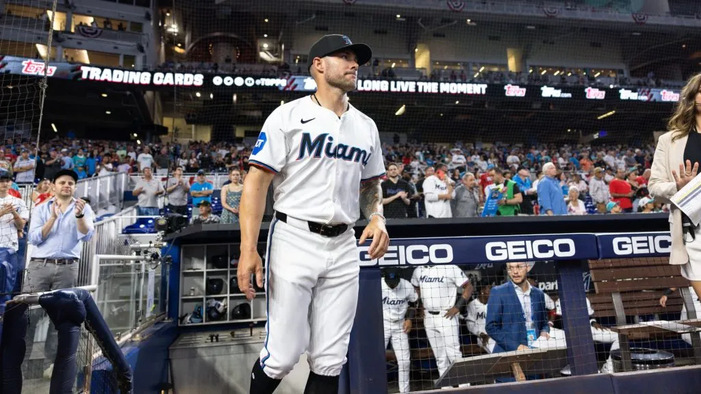 Miami Marlins manager Skip Schumaker enters the field against the Pittsburgh Pirates on Opening Day at loanDepot park on March 28, 2024 in Miami, Florida. (Photo by Brennan Asplen/Getty Images)