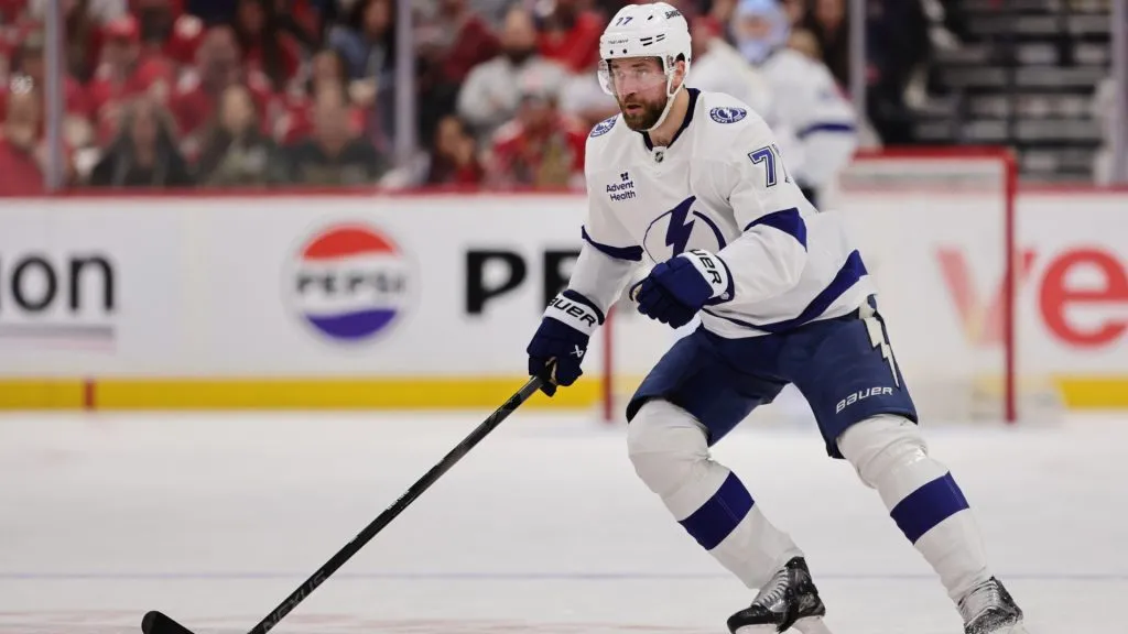 Victor Hedman #77 of the Tampa Bay Lightning skates during the first period against the Florida Panthers in Game Three of the First Round of the 2025 Stanley Cup Playoffs at Amerant Bank Arena on April 26, 2025 in Sunrise, Florida. (Photo by Carmen Mandato/Getty Images)