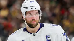 Victor Hedman #77 of the Tampa Bay Lightning waits for a faceoff in the second period of a game against the Vegas Golden Knights at T-Mobile Arena on March 23, 2025 in Las Vegas, Nevada.