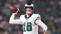 Tanner McKee #16 of the Philadelphia Eagles passes the ball.