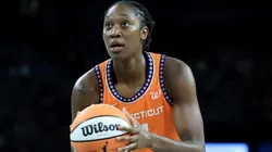 Tina Charles #31 of the Connecticut Sun shoots a free throw against the Las Vegas Aces in the second quarter of their game at Michelob ULTRA Arena on June 25, 2025.