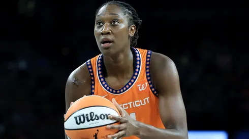 Tina Charles #31 of the Connecticut Sun shoots a free throw against the Las Vegas Aces in the second quarter of their game at Michelob ULTRA Arena on June 25, 2025.
