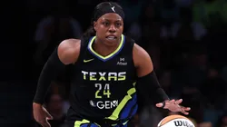 Arike Ogunbowale #24 of the Dallas Wings dribbles the ball during game against the New York Liberty at Barclays Center on August 05, 2025.