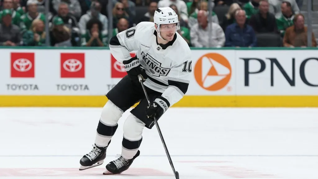 Tanner Jeannot #10 with the Los Angeles Kings skates with the puck during the second period against the Dallas Stars at American Airlines Center on February 28, 2025. (Photo by Sam Hodde/Getty Images)