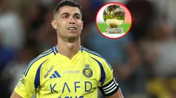 Cristiano Ronaldo of Al Nassr and a detailed view of the Ballon d'Or trophy.