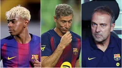 FC Barcelona stars Lamine Yamal, Robert Lewandowski and Head Coach Hansi Flick.