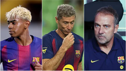 FC Barcelona stars Lamine Yamal, Robert Lewandowski and Head Coach Hansi Flick.