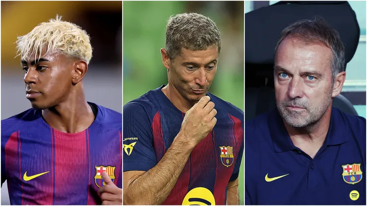 FC Barcelona stars Lamine Yamal, Robert Lewandowski and Head Coach Hansi Flick.