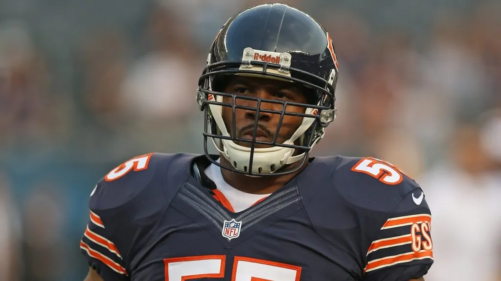 Lance Briggs #55 of the Chicago Bears participates in warm-ups before a preseason game against the Washington Redskins at Soldier Field on August 18, 2012. (Source: Jonathan Daniel/Getty Images)