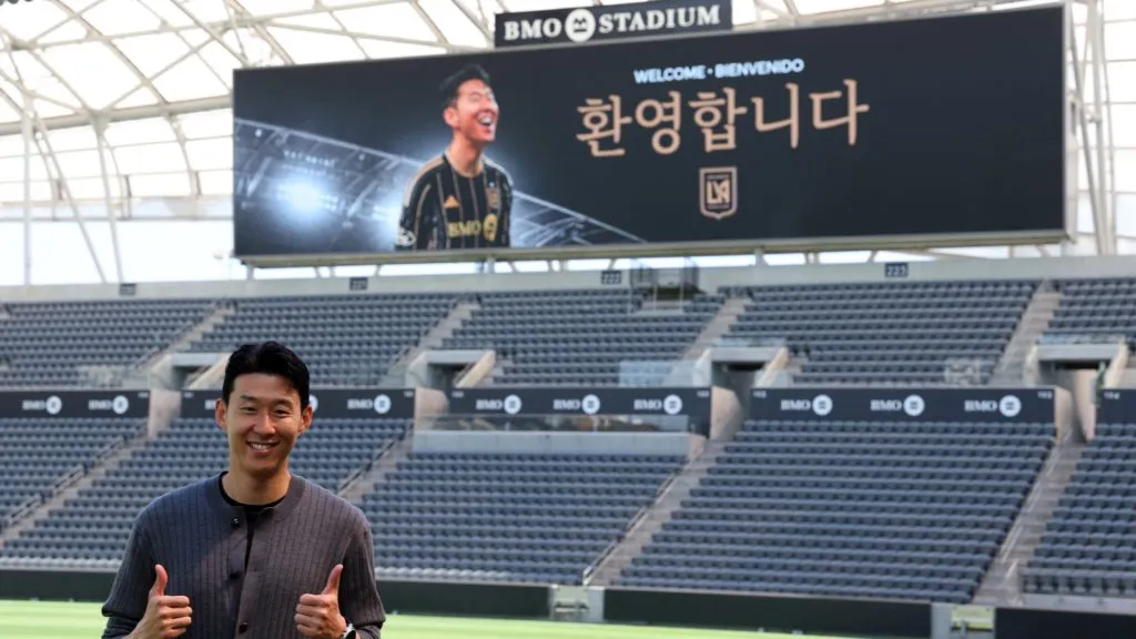 Son Hueng-min of Los Angeles Football Club poses on the pitch after he was introduced during a news conference at BMO Stadium. (Kevork Djansezian/Getty Images)