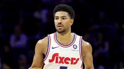 Quentin Grimes #5 of the Philadelphia 76ers dribbles the ball during a game against the Milwaukee Bucks