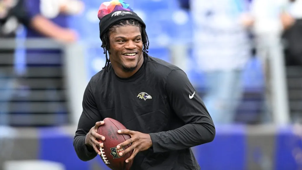 Lamar Jackson #8 of the Baltimore Ravens warms up prior to a game against the Detroit Lions at M&T Bank Stadium on October 22, 2023. (Source: Greg Fiume/Getty Images)