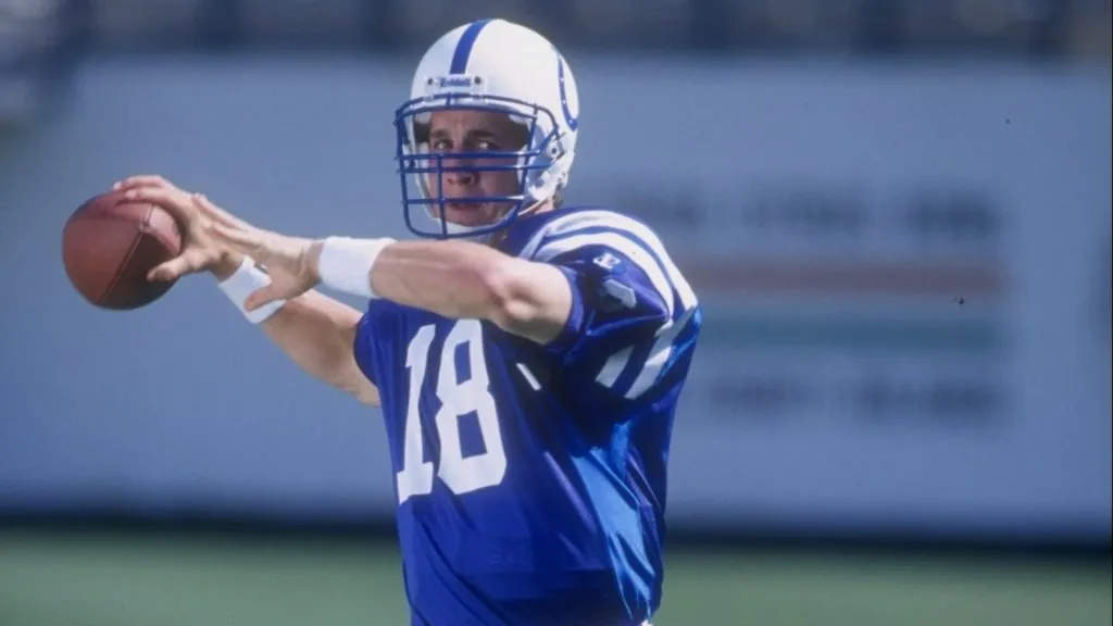 Peyton Manning #18 of the Indianapolis Colts in action during the Pinnacle NFL Rookie Shoot at the Citrus Bowl in 1998. (Source: Andy Lyons /Allsport)