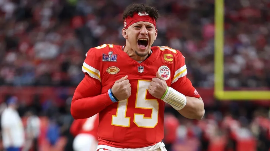 Patrick Mahomes #15 of the Kansas City Chiefs reacts prior to Super Bowl LVIII against the San Francisco 49ers at Allegiant Stadium on February 11, 2024. (Source: Jamie Squire/Getty Images)