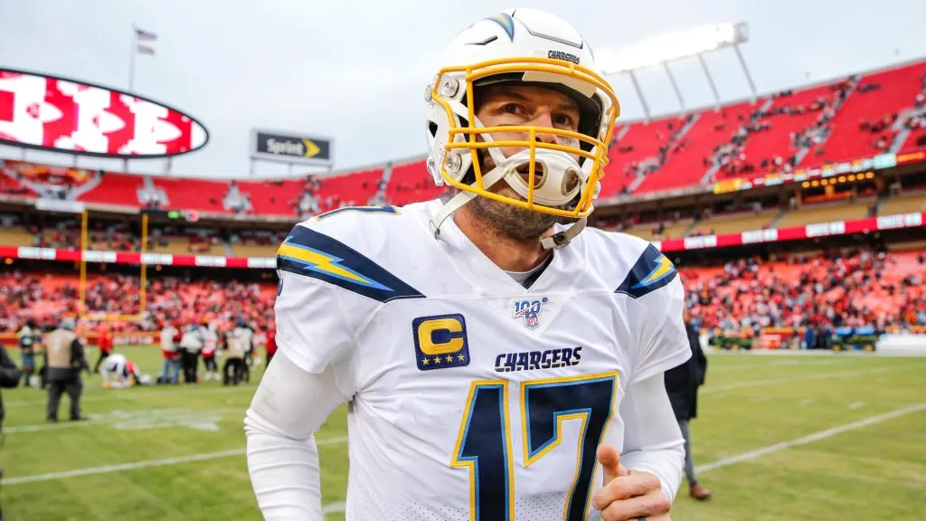 Philip Rivers #17 of the Los Angeles Chargers ran off the field following the 31-21 loss to the Kansas City Chiefs at Arrowhead Stadium on December 29, 2019. (Source: David Eulitt/Getty Images)