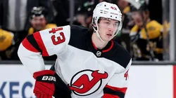 Luke Hughes #43 of the New Jersey Devils skates against the Boston Bruins during the second period at TD Garden on April 15, 2025 in Boston, Massachusetts.