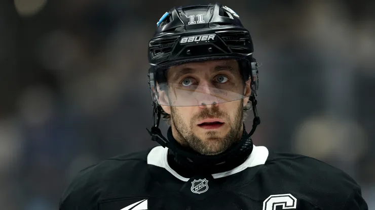 Anze Kopitar #11 of the Los Angeles Kings looks on against the St. Louis Blues during the first period at Crypto.com Arena on March 08, 2025 in Los Angeles, California.