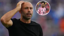 Javier Mascherano, Head Coach of Inter Miami CF, reacts during the MLS match and Lionel Messi in a corner.