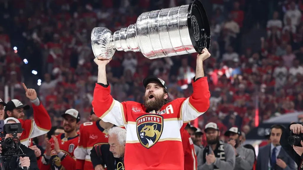 Aaron Ekblad #5 of the Florida Panthers celebrates with the Stanley Cup after defeating the Edmonton Oilers in Game Six of the 2025 Stanley Cup Final at Amerant Bank Arena on June 17, 2025 in Sunrise, Florida. (Photo by Christian Petersen/Getty Images)
