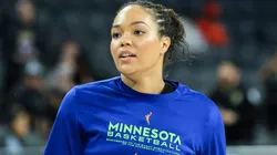 Napheesa Collier #24 of the Minnesota Lynx warms up before a game against the Las Vegas Aces at Michelob ULTRA Arena on August 02, 2025 in Las Vegas, Nevada.