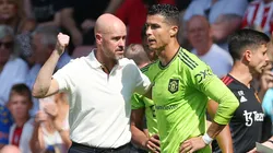 Erik ten Hag speaks to Cristiano Ronaldo of Manchester United after they received medical treatment during the Premier League match between Southampton FC and Manchester United.