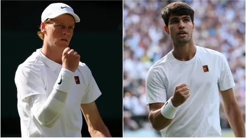 Jannik Sinner of Italy and Carlos Alcaraz of Spain during Wimbledon.