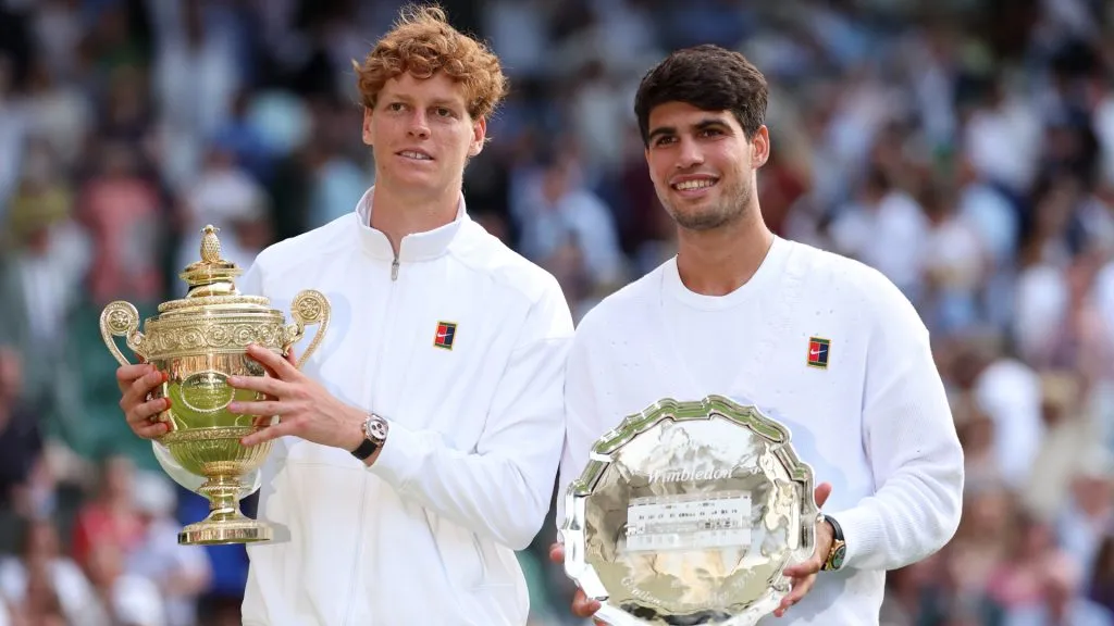 Jannik Sinner and Carlos Alcaraz after the 2025 Wimbledon final. (Julian Finney/Getty Images)