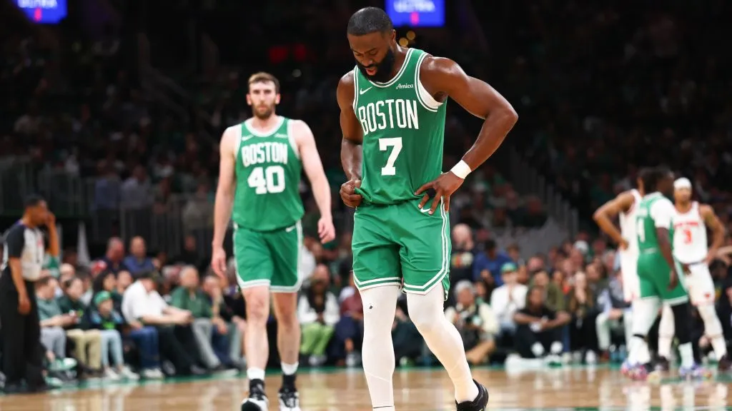 Jaylen Brown #7 of the Boston Celtics reacts during the second quarter against the New York Knicks in Game Two of the Eastern Conference Second Round NBA Playoffs. (Maddie Meyer/Getty Images)