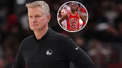 Head coach Steve Kerr of the Golden State Warriors and Michael Jordan #23 of the Chicago Bulls.