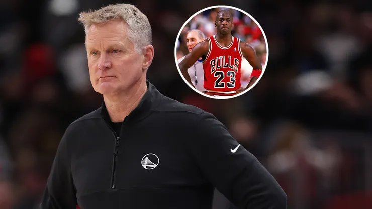 Head coach Steve Kerr of the Golden State Warriors and Michael Jordan #23 of the Chicago Bulls.
