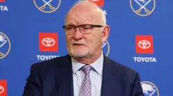 Head coach Lindy Ruff of the Buffalo Sabres talks to the media after the game against the Philadelphia Flyers at KeyBank Center on April 17, 2025 in Buffalo, New York.