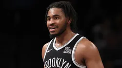 Cam Thomas #24 of the Brooklyn Nets reacting in a game.