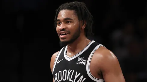 Cam Thomas #24 of the Brooklyn Nets reacting in a game.