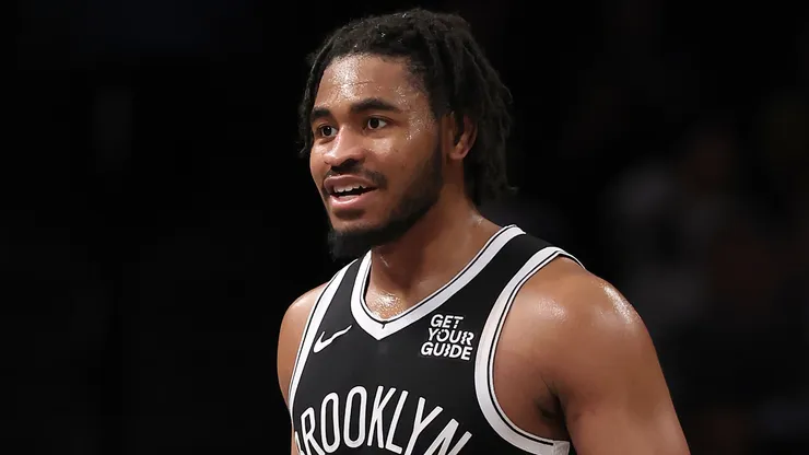 Cam Thomas #24 of the Brooklyn Nets reacting in a game.
